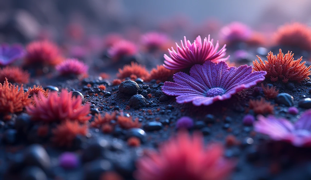 An emotionally impactful macro shot of the rocky surface of an alien planet, bathed in the soft, ethereal light of a distant sun. Living alien lichens and mosses of vibrant, otherworldly colors display intricate designs, with some emitting a subtle bioluminescent glow. Captured using an ultra-powerful macro lens at maximum magnification and aperture, the scene emphasizes the stunning details of organic and mineral textures. Professional cinematic lighting enhances the interplay of light and shadow, creating a dynamic, hyper-realistic composition. Rendered in breathtaking 12K resolution, the image captures every microscopic detail, immersing the viewer in the alien world's surreal beauty. especies raras purpuras y rojo intenso intrincadas y vivas se ven con el macro, nuzgo diferente CON GOTAS DE ROCÍO