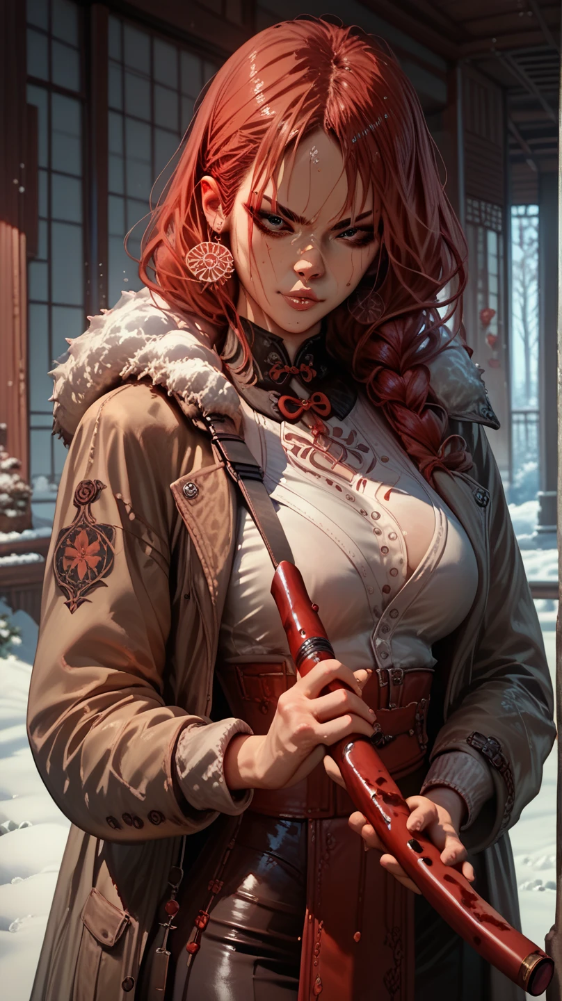 Huntress girl holding a rifle in snow battle pose,oriental,Blade and Soul,ink style,long red hair,leather and fur coat,Cold,Artwork,4K,Detailed,Realistic, anime, sinozickexpressaiu