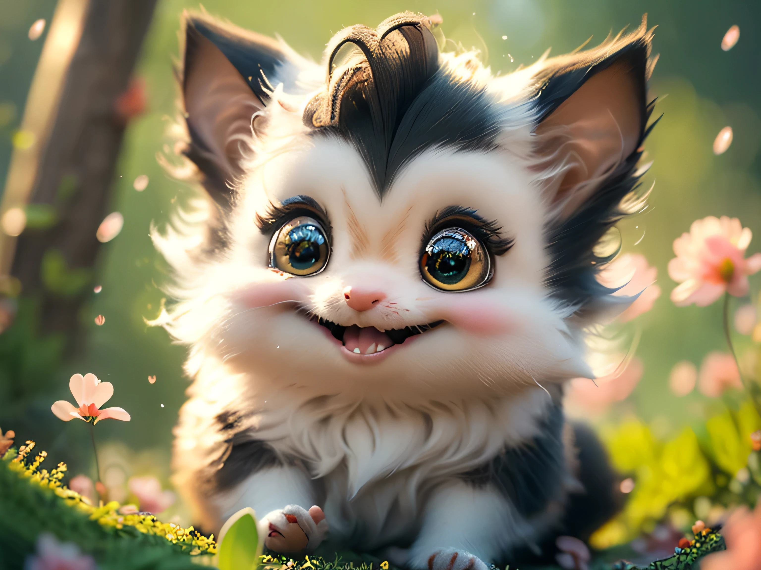 Magical Fantasy Creature, (best quality, masterpiece, Representative work, official art, Professional, Ultra high detail, 8k:1.3) super cute, big-eyed, with a soft, gentle nose, fluffy, smiling with two teeth, pygmy possum on a natural background, realistic, beautiful, sparkles, stars in the eyes, soft volumetric light, (backlight:1.3), (cinematic:1.2), intricate details, (ArtStation:1.3), --auto --s2