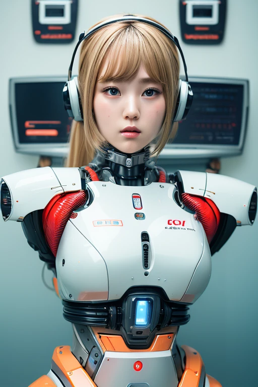 masterpiece, best quality, extremely detailed,portrait,upper body,front view,Japaese android girl,Plump, control panels,android,Droid,Mechanical Hand, Robot arms and legs,Blunt bangs,long tube,thick cable connected her neck,