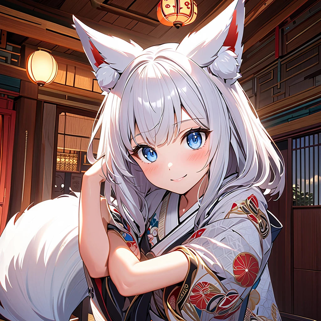 ((32K)), ((Best Quality)), (( ultra high resolution )), (( Hi-Res)), ((超 Hi-Res)), (( highly detailed CG)), ((unity 32K wallpaper)), (masterpiece, Best Quality),(One fox girl)、white fox ears、( 1 black fox tail holding temari:1.2)、 beautiful blueeyes 、white Hair, straight long hair with temari、smile、blush、Small breasts、Gorgeous patterned kimono、Shrine indoors、 forward leaning、( cowboy shot)、front,cramped, head touching ceiling,