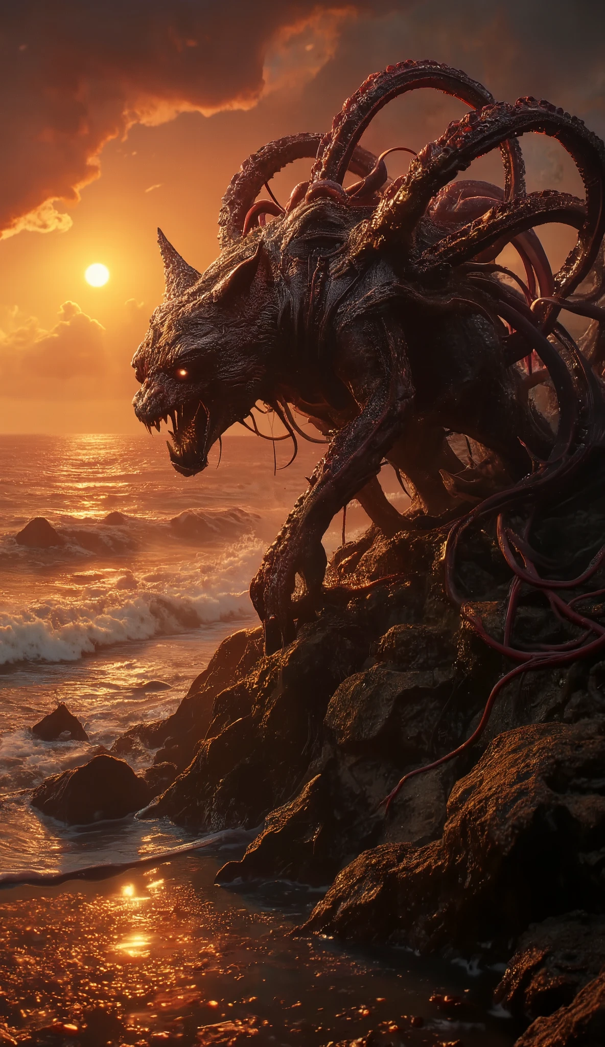  Horror scene, outlast, silent hill atmosphere. A horrifying wolf-octopus hybrid prowls along the rocky shoreline where the wolf and octopus clashed. Its body is a twisted fusion of wolf fur and rubbery octopus skin, with numerous tentacles adorned with suction cups and claws sprouting from its back. Its head features a wolf's snarling mouth lined with needle-sharp teeth, but with multiple, lidless eyes. As waves crash behind it, the creature's tentacles writhe menacingly, blending into the sinister orange light of the setting sun, (Ultra-realistic, 32k, Masterpiece, High Quality, Detailed Realistic Background, Official Art, Realistic Lighting, filmfotos, film grain, reversal film photography), Mysterious