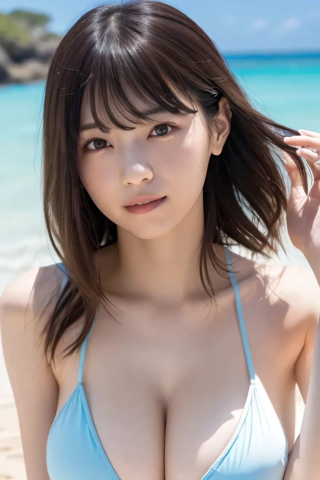 masterpiece、 for a white sci-fi outfit ,  ultra high resolution、8k，photograph、 1 girl, ( big breasts:1.0),  bright ,  Blurry Background , ( asymmetrical bangs、 EXTRA LONG WAVY HAIR :1.5),   (Floating Hair:1.0)、（She is wearing a dark blue micro bikini）、 rainbow heterochromia 、Round face、Young Face、 natural makeup、 Gentle Smile 、Summer Sea、Summer sky、 beach 、Outdoor、She is sitting on a beach chair、She uses a computer to work
