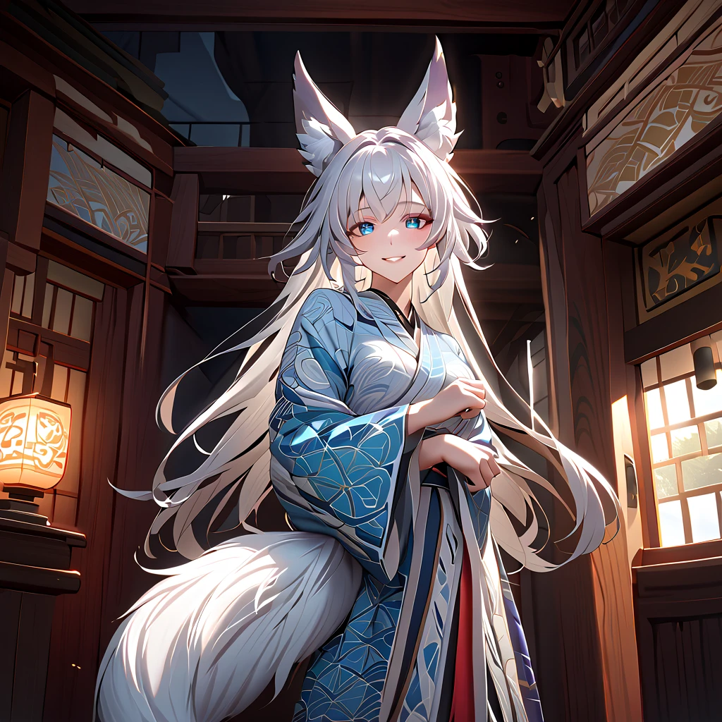 ((32K)), ((Best Quality)), (( ultra high resolution )), (( Hi-Res)), ((超 Hi-Res)), (( highly detailed CG)), ((unity 32K wallpaper)), (masterpiece, Best Quality),(One fox girl)、white fox ears、( 1 black fox tail holding temari:1.2)、 beautiful blueeyes 、white Hair, straight long hair with temari、smile、blush、Small breasts、Gorgeous patterned kimono、Shrine indoors、 forward leaning、( cowboy shot)、front,cramped, head touching ceiling,