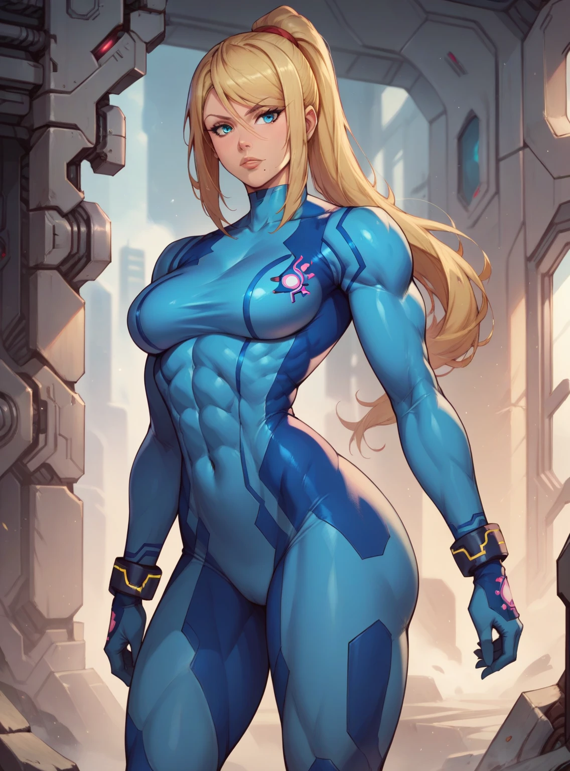 Score_9, score_8_up, score_7_up, 1girl (neoartcore:0.25), high quality cg defsamus, blonde hair, bodysuit, blue clothes, blue gloves, futuristic, blue eyes, muscular female, big muscles, standing, masterpiece, best quality
