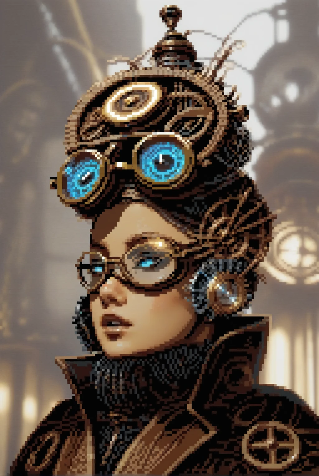  a figure wearing intricate brass goggles ， goggles on their foreheads ,  wearing a Victorian jacket ， jacket adorned with gears and copper wire .  They have a robotic arm made of polished brass and intricate clock mechanisms,  holds a glowing , Ether Devices . 