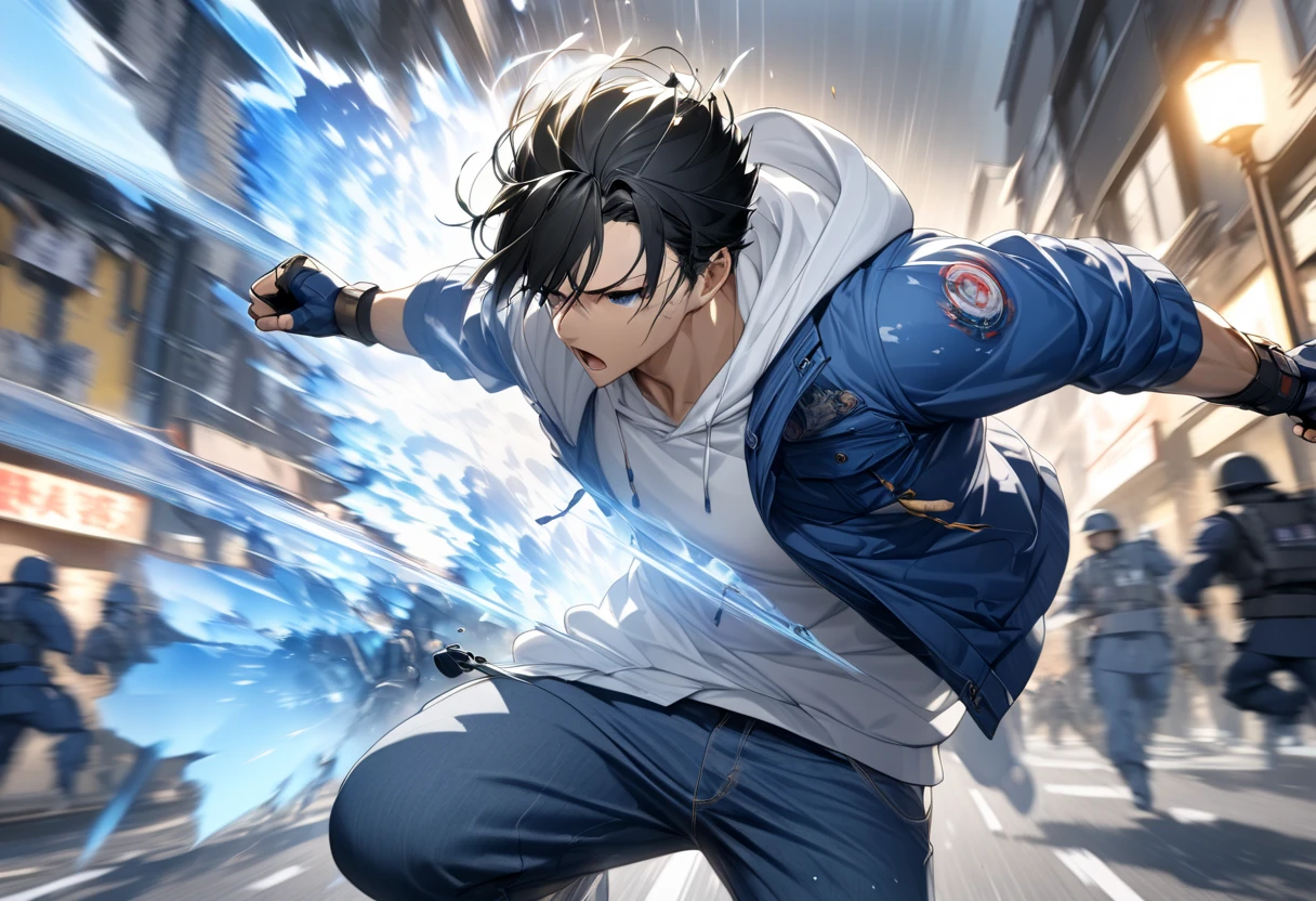 (masterpiece,  best quality:1.2), dark haired young man"Asuka" , clothing: Wearing a white hoodie, blue jacket, jeans, and fingerless driver gloves ,Fist with the Holy Blue Aura (( Double Exposure :1.2)) , Alone,  Defeated Soldiers Are Falling Down in the Neighborhood ,High speed battle , The Moment You Hit the Black Armed Soldier from Last Battalion((  Motion Blur ：2.0,  background blur)) , A warrior worth a thousand men, There is no match in heaven, Focus on Fist , cool design art , best quality, shape,  very detailed, fine,  high definition , 8k wallpaper, Biologically accurate depiction, real 2D digital art,psychic action hero,