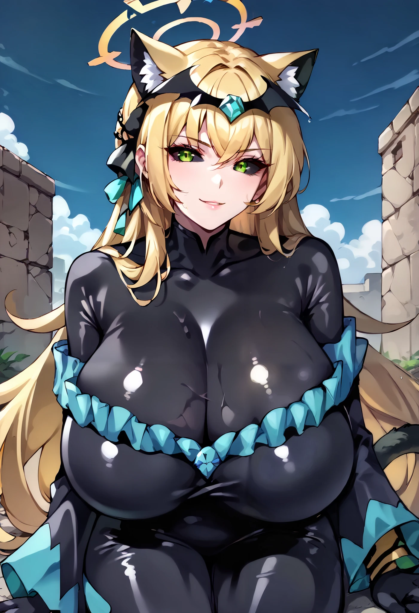 score_9, score_8_up, score_7_up, 1girl, milf, solo, serika \(blue archive\), (gigantic breasts), ((((blonde hair), long hair, black sclera, green eyes, yellow cat ears, yellow cat tail, halo))), parted lips, (((black badend-bodysuit, badend-tiara, blue frills, blue skirt, blue gem, latex bodysuit))), ((yandere, evil smile), closed mouth), ((outdoor, ancient ruins, raining))