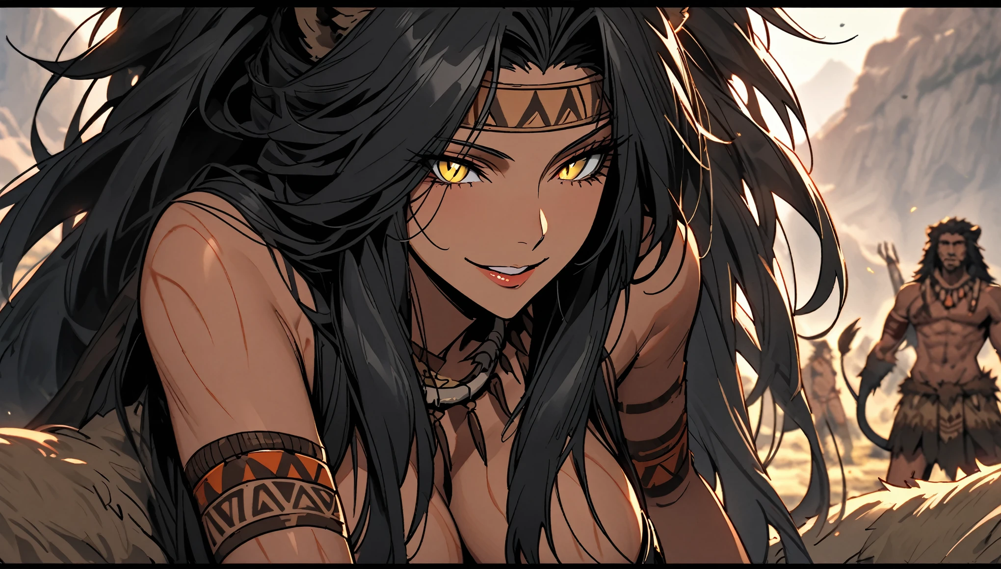 female focus, lion woman, mature, crows feet:1.3, very tall, broad shoulders, fit, bulky body, extremely long hair, tied hair, cavewoman, prehistoric, large beast claws, camp, day, close up, slit pupils, yellow eyes, barbarian, pelt clothes, tribal chief, spiritual, leather, tribal ornaments, black hair, intimate setting, teasing, pov, lion ears, lion tail, wide smile, greying hair, muscular, skimpy clothes, bare breast, asymmetrical clothes, light scars, very large breasts, depth of field, young daughters, playing