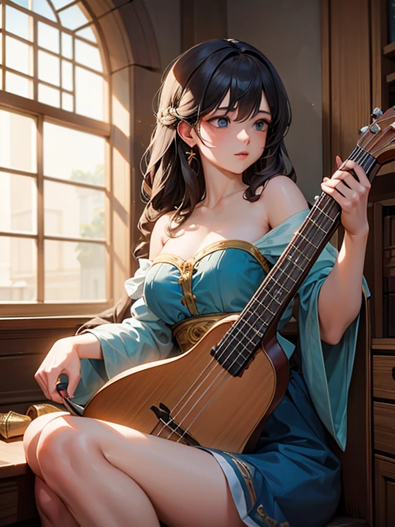 masterpiece, best quality, (very detailed CG unified 8k wallpaper), (best quality), (best illustration), (best shadow), real, realistic lighting, (abyss), beautiful detailed glowing, the art of PeterMohrbacher, 1girl, (solo:1.5), bard, the whole body, playing a lute, beautiful, very beautiful, delicate face, realistic expression, skirt with slits, lace panties, legs apart, smile, woman,