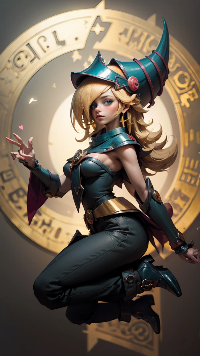 (Obra maestra:1.2), (La mejor calidad:1.2), perfect lighting, Chica Maga Oscura lanzando un hechizo, flotando en el aire, tetas grandes, escote, fondo de magia. Corazones transparente en el hambiente, bata azul, sombrero grande, desde arriba, Destellos, Yugioh Card en el fondo