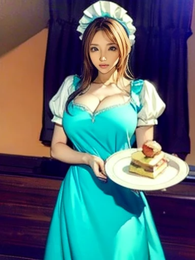 Animation of a woman in a blue dress holding a tray of cakes, (   waitress   )  girl, Favorite character , change in dress, change, Gyro Zeppeli, anime  girl in a maid costume,   Alice in Wonderland  , Maid uniform,  Long dress with apron , From desire,   Ikemura Rieko  , Anime Princess