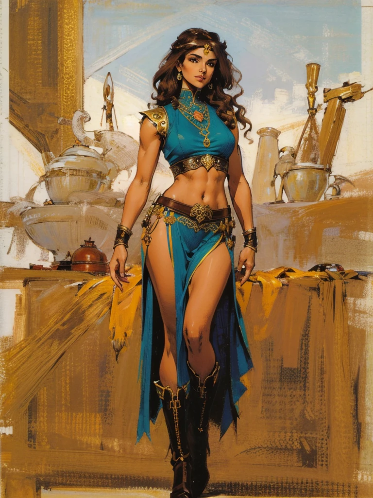 ((best quality)), ((4k)), ((highres)), ((masterpiece:1.2)). ((detailed)), ((ultra realistic)), ((intricate details)), ((full body picture)), ((character design sheet)), ((blank background)), a full body picture of a beautifull middle eastern female, arabic woman, fantasy warrior woman, fantasy odalisque woman, tall woman, fierce pose, perfect face, gorgeous face, detailed eyes, detailed lips, about 25 years old, about 6'0 ft. tall, long crisp curly bushy hair, brown hair, ((emphasis on her long crisp curly bushy brown hair)), slicked back hair, hourglass shaped body, dressed in a fantasy sleeveless desert clothing ((emphasis on her fantasy sleeveless desert clothing)), midriff, ((midriff)), multi-colored outfit, ((emphasis on multi-colored outfit)), boots, chain head tiara, fantasy concept art, fantasy character concept art, full body, full body concept art, full body art
