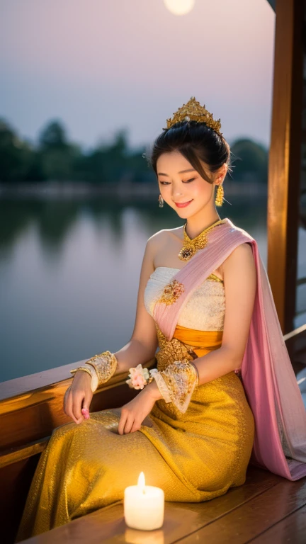 A stunning 8K ultra-high-definition nighttime scene by the riverbank. A beautiful Thai woman, resembling a celestial being, wears an exquisite traditional white Thai dress with gold trim. She sits gracefully on a wooden platform by the water, leaning forward to gently place a pink lotus krathong into the flowing river. The krathong is adorned with flowers and a small candle glowing softly. In the background, an ancient Thai temple glimmers with soft blue light, showcasing a white stupa intricately adorned with radiant patterns. Above, a full yellow moon casts a gentle glow amidst a faint bluish mist, creating an ethereal and tranquil atmosphere. The overall composition is breathtakingly realistic, akin to a 64K masterpiece.