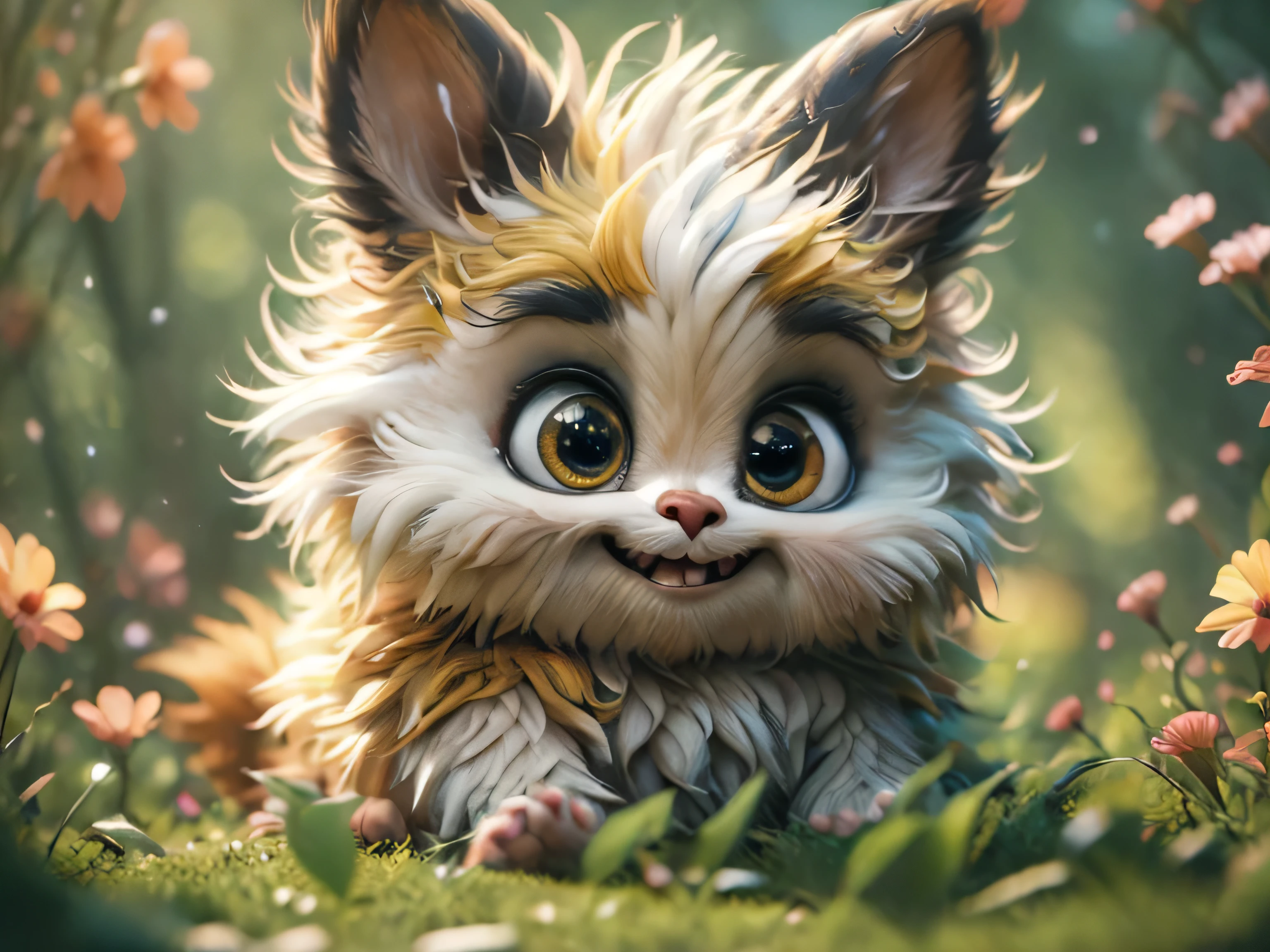 Magical Fantasy Creature, (Best Quality, Masterpiece, Representative Work, Official Art, Professional, Super Detailed, 8k:1.3), (Photorealism:1.2) Super Cute, Big Eyes, Soft, Delicate Nose, Furry, Smiling with Two Teeth, Skunk on Natural Background, Realistic, Beautiful, Stars in Eyes, Soft Volumetric Light, (Backlight:1.3), (Cinematic:1.2), Intricate Details, (ArtStation:1.3), --auto --s2