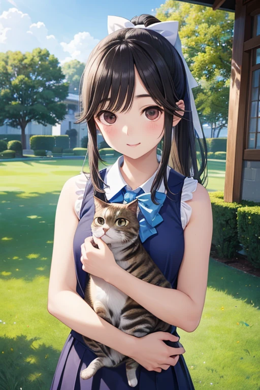 Takane Manaka、 Shiny brown long hair、 ribbon ponytail,、 beautiful brown eyed middle school students 、smile、Sparkling Eyes, (fine grain)、 very detailed eyes 、 extremely detailed face, very detailed eyes , masterpiece, best quality, high definition , ( best quality,masterpiece:1.2),Alone,Alone、 cowboy shots、
best quality、masterpiece、High sensitivity、 high definition 、Detailed explanation、 Slender Women 、、 Sleeveless summer clothes 、(( play with cats on the lawn))、