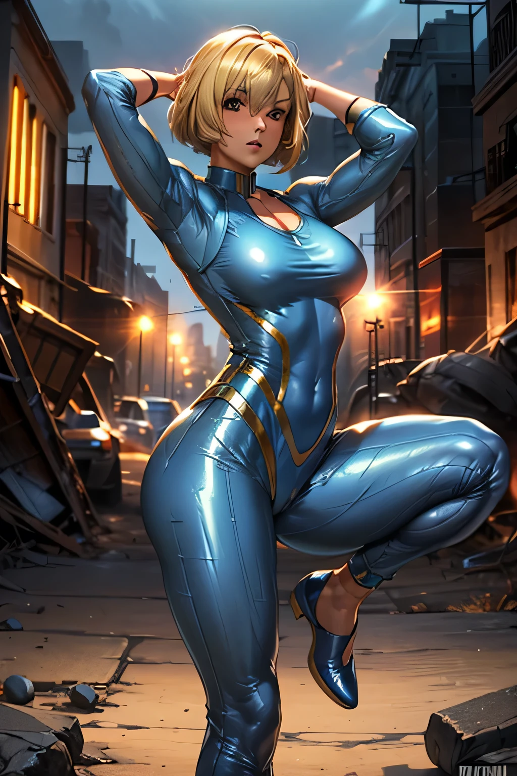  perfect anatomy　 best quality, highest resolution,(((woman　blue shiny vault jumpsuit　Light blonde hair　Muscular)))　Vault Girl　fallout　end of the century　Ruined City