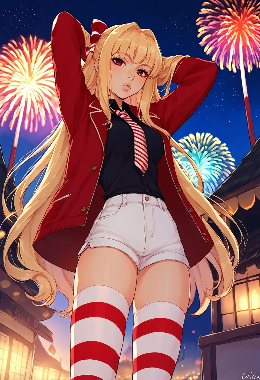 score_9, score_8_up, score_7_up, source_anime, leticia draculea, long hair, blonde hair, red eyes, very long hair, sidelocks, hair bow, black hair bow,, shirt, black shirt, jacket, red jacket, necktie, shorts, thighhighs, striped thighhighs,, festival, fireworks, summer night, food stall, traditional, arms up, , hands behind head,, looking at viewer, solo,, dutch angle, cowboy shot