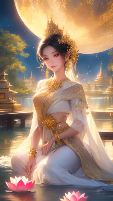 A stunning 8K ultra-high-definition nighttime scene by the riverbank. A beautiful Thai woman, resembling a celestial being, wears an exquisite traditional white Thai dress with gold trim. She sits gracefully on a wooden platform by the water, leaning forward to gently place a pink lotus krathong into the flowing river. The krathong is adorned with flowers and a small candle glowing softly. In the background, an ancient Thai temple glimmers with soft blue light, showcasing a white stupa intricately adorned with radiant patterns. Above, a full yellow moon casts a gentle glow amidst a faint bluish mist, creating an ethereal and tranquil atmosphere. The overall composition is breathtakingly realistic, akin to a 64K masterpiece.