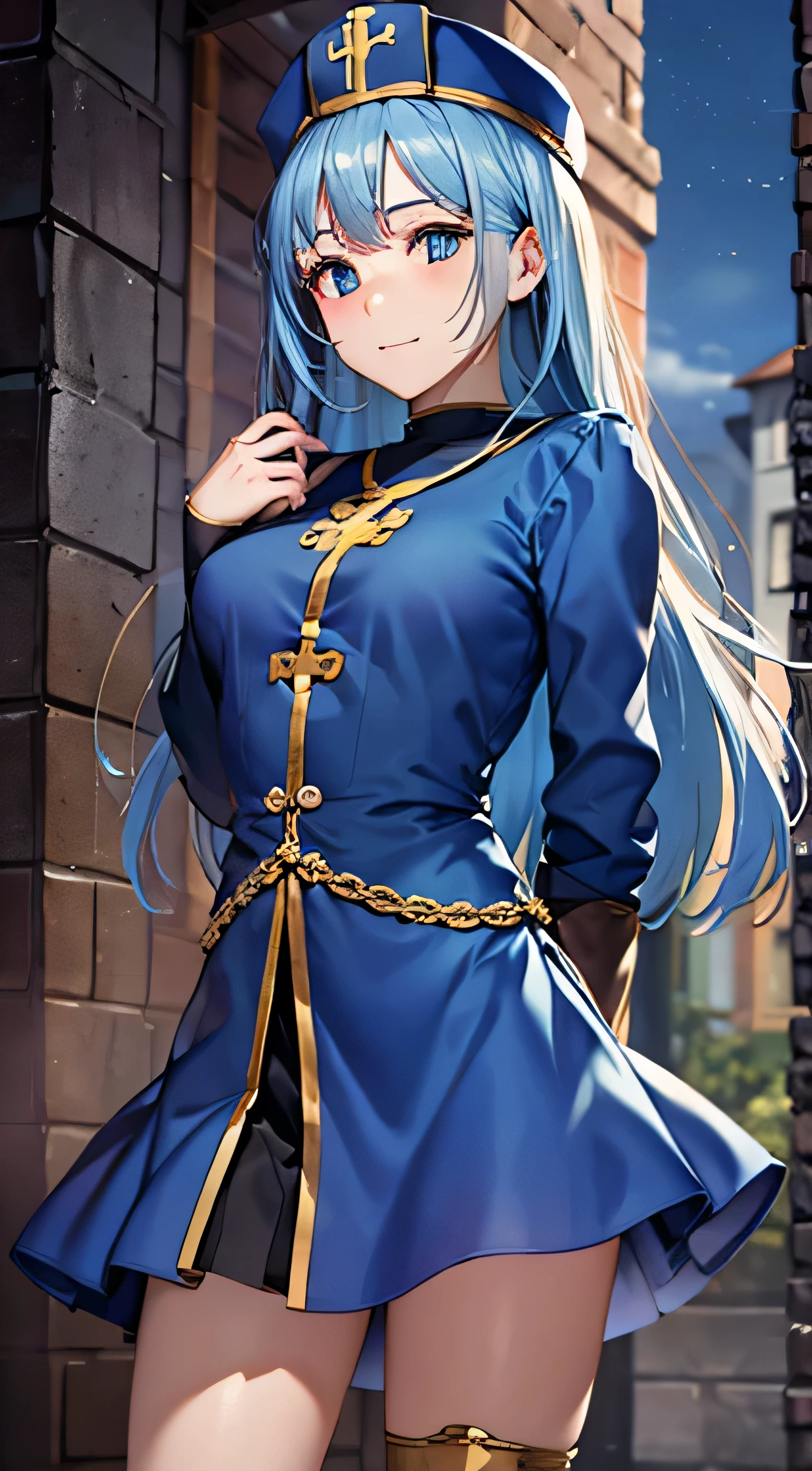 ((masterpiece, best quality, high definition , , Perfect Pixel , 4K, ))), 1 woman, single, Alone, Beauty、 and I can see my whole body、 ((( Light Blue Straight Hair))),( bangs, ), (( beautiful eyes, beautiful lashes, Real Eyes )), (( DETAIL FACE , )), (( smooth texture:0.75, Realistic texture:0.65, photorealistic:1.1, anime CG style)), medium chest, dynamic angle, perfect body, ((Priest costume、(gorgeous blue 、blue long tabert)、 Bracelets、 blue priest hat 、、 brown leather boots 、Gold Circlet))、Castle Town Gate 、、Arms folded behind back、 emphasizes the chest、 slouching forward、 very embarrassing panic smile 、、 、 ( The wind rolled up the skirt、、、、)、 angle from below