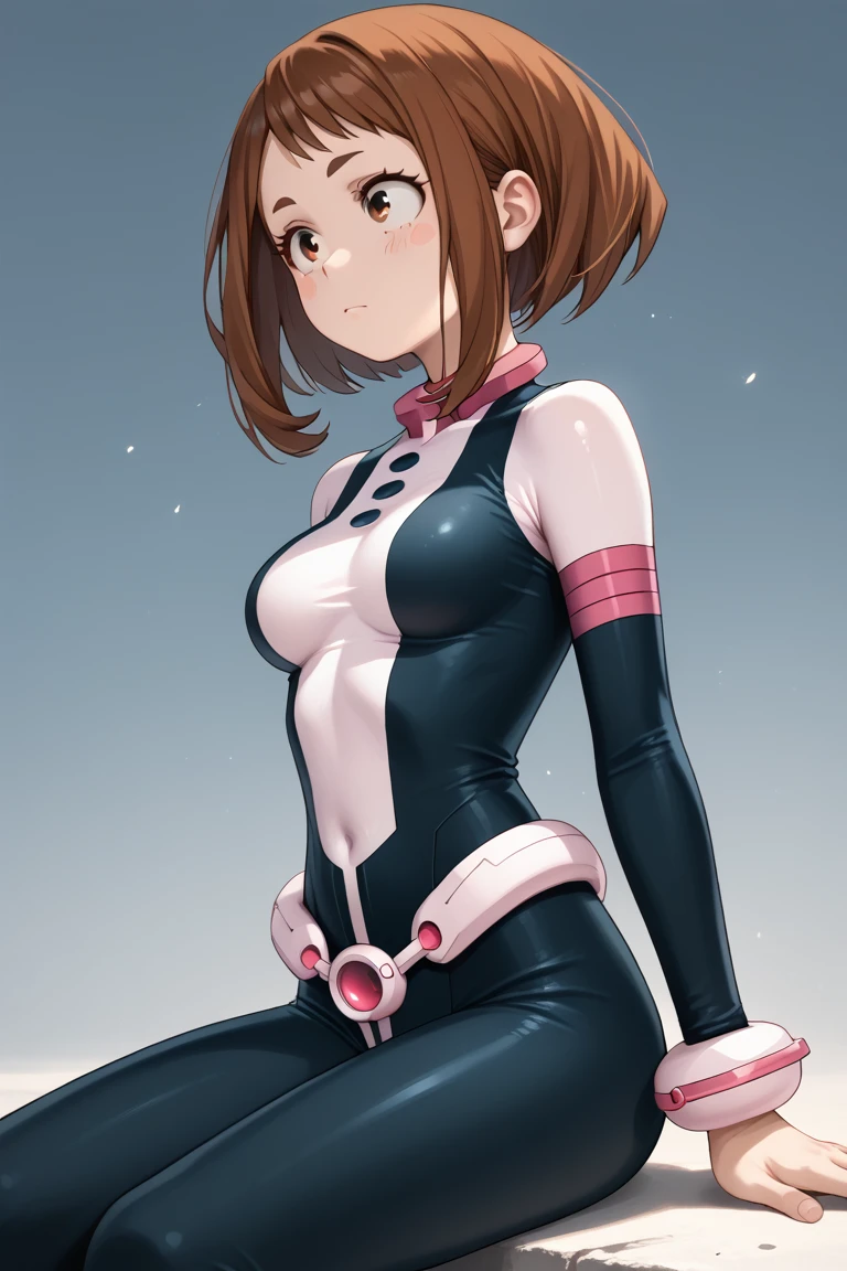 (side angle), sitting, slender tiny waist. sexy body, sexy figure, sexy, tiny waist, desireable, tempting, lust, ochako uraraka, brown eyes, brown hair, short hair, blush, blush stickers, bodysuit, skin tight, superhero, medium breasts, slender body, slim, tiny waist.  tiny waist.