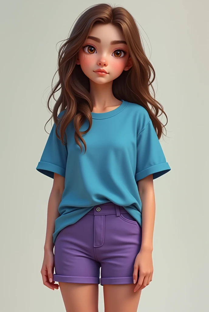((High definition, masterpiece, 8k, digital photography)), (Realistic), ((Full body)), natural illumination, a young girl, ((cute face, young face)), curious face, british girl, brown bangs, green eyes, (standing), slender body, slim body, ((White Loose t-shirt)), ((Black hotpants)), ((Barefoot)), ((Looking at viewer)), ((Dark background))