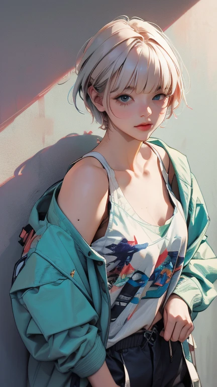 masterpiece, Highest quality, Very detailed, 8k, Realistic, super close up of chest, focus on chest, One Girl, alone, Very detailed face, (head shot:1.5), Standing in front of a wall covered in hip hop graffiti, Cyberpunk neon cityscape,Pixie cut white hair, She is wearing a short neon tank top and an open hoodie, Nice ass, (flat chest:1.2), nsfw