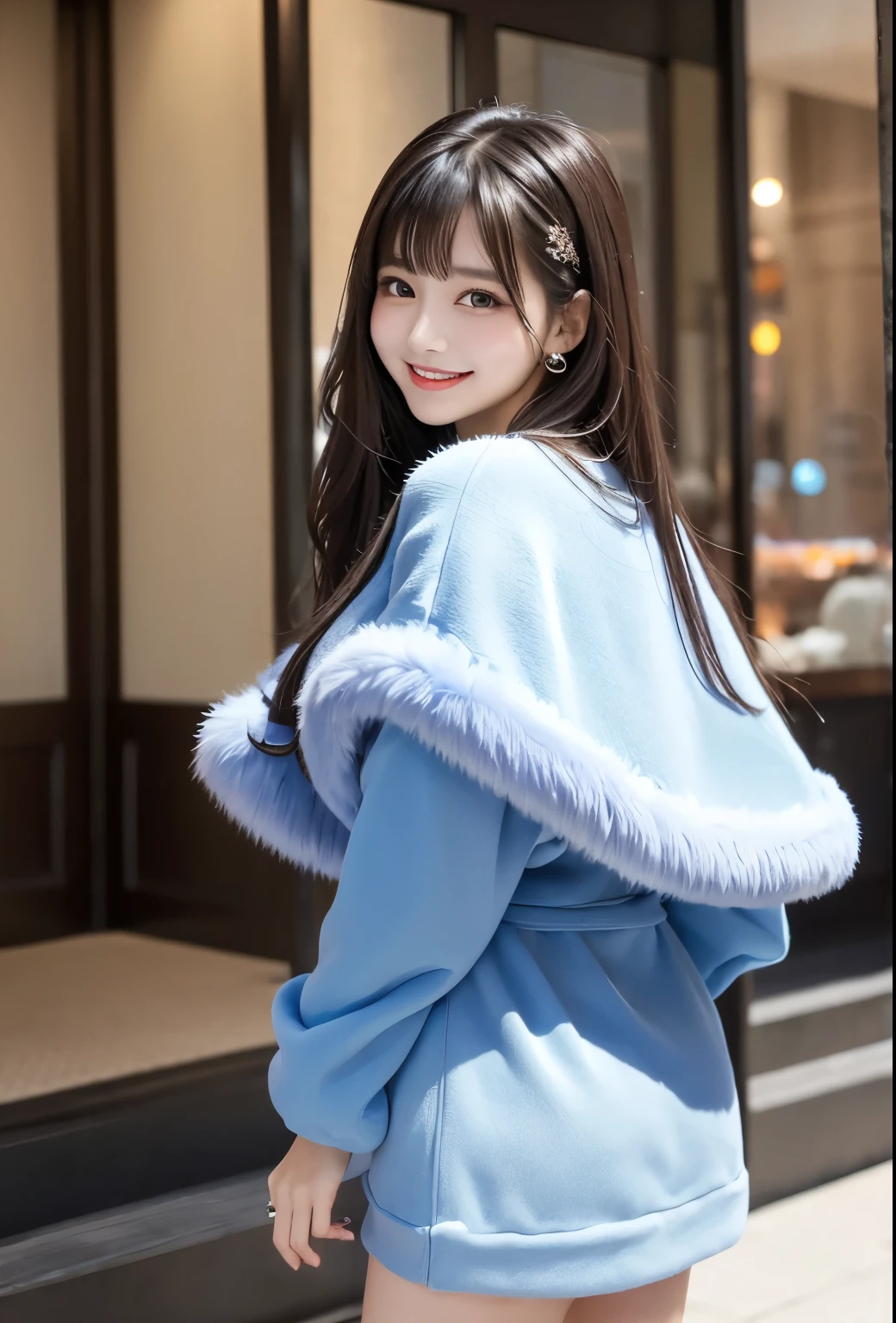 (Extreme Beauty: 1.2) ,1girl, fashi-girl, bangs, blue eyes, blurred background, bow, brown hair, slender legs, shut up, from the side, hair between the eyes, bow, lantern, light particles, long sleeves, looking at the audience, medium hair, night, red bow, single, stars \ (symbol), upper body, smile, red lips