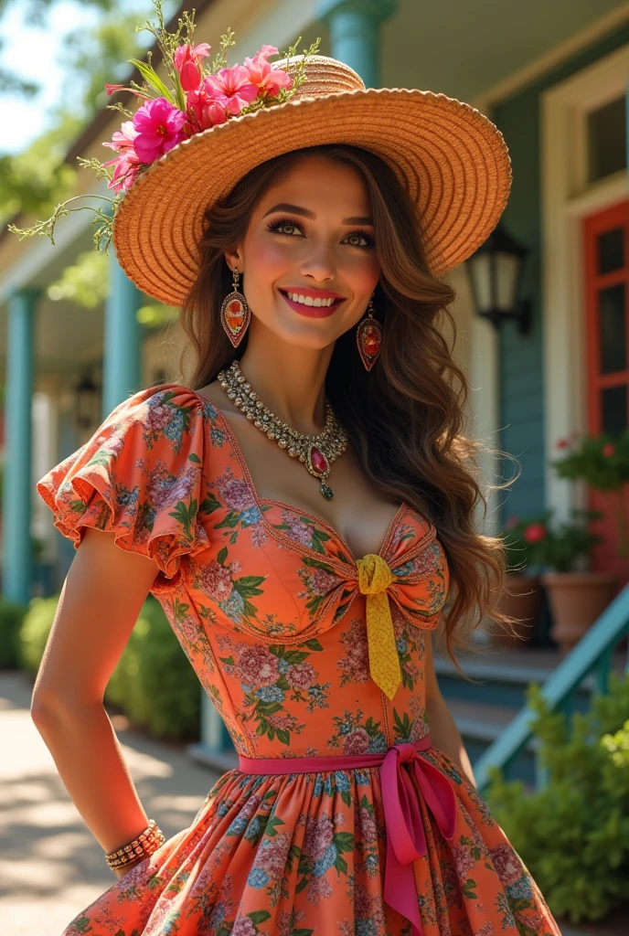 professional photo of 1 girl, realistic photo, London Sightseeing, Tower Bridge background,full body photo, photo of a stunning, beautiful girl, mix of taylor hill face, Yael Shelbia, amber heard face and miranda kerr face, cute face, dimple, jaw dropping beauty, blue eyes, beautiful eyes, perfect eyes, full lips, white skin, radiant skin, medium to long hair, light brown hair with blonde highlights, curly hair, high volume hair, The hairstyle is an updo accented with a black ribbon, creating a feminine impression. medium breasts, big butt, curvy girl, fit, perfect body, perfect legs, confident woman, seductive smile, innocent charm. orange and green Polka Dot Print blouse, and mini floral skirt, glamorous design with beautiful details, intricate details, designer outfit, expensive outfit, blouse opens, sexy cleavage,,London Sightseeing, Tower Bridge background, vivid colors, various poses, foreground objects, background details, people in the background, sunset, flirting with the camera, sensual girl, feminine and stylish girl, super sharp image, 18K, beautiful pose, full body photo, smiling, vibrant colors, Wearing the Prada-inspired summer collection, Vogue style, real life enhancer, good light, real, real life, uhd, masterpiece, polka dot black and yellow blouse and mini floral skirt, glamorous design, stylish and feminine girl, stylish and fashionable clothes, beautiful clothes contrast, exuding an effortless sophistication. Very detailed, cannon camera, fujifilm, realistic, Try adding a chic accent, uhd, masterpiece, various poses, image clarity, depth of field,  try to accentuate her beautiful face details, beautiful skin texture, soft light on her face, try to accentuate her beautiful face,London Sightseeing, Tower Bridge background,