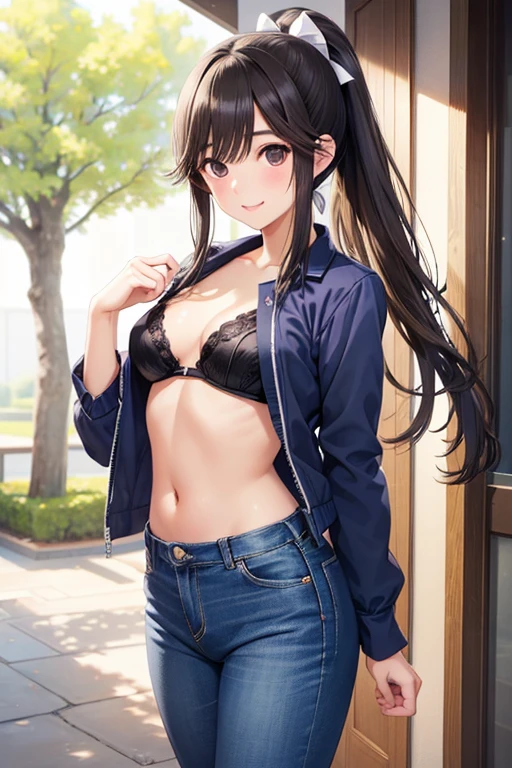 Takane Manaka、 Shiny brown long hair、 ribbon ponytail,、 beautiful brown eyed middle school students 、smile、Sparkling Eyes, (fine grain)、 very detailed eyes 、 extremely detailed face,  very detailed eyes , masterpiece,  best quality,  high definition , ( best quality,masterpiece:1.2),Alone,Alone、 cowboy shots、



purple bra top 、Denim pants, It rains,   realistic young gravure idol , ,  young cute gravure idol