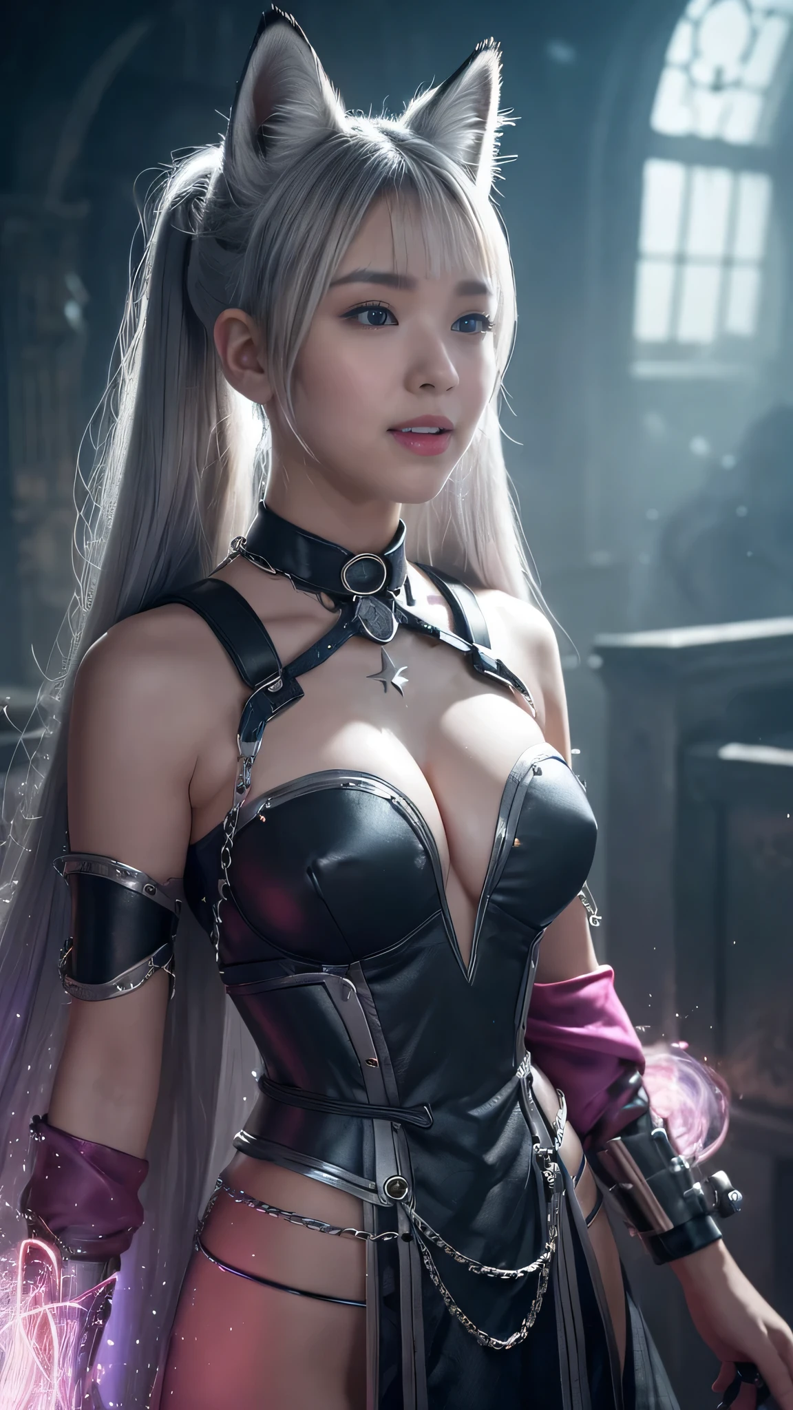 masterpiece,        Beautiful and Realistic Character Expression       , Her hair is long, Her hair is a beautiful silver color, Beautiful as silk, Clear, Glowing dimly, Ominous Light, Fox-like ears, Hairstyle:        ponytails, And bushy,        fluffy silver fox tail       ,      white skin that shines softly in the moonlight    , 口がweakい,        look up      ,        look up      , (A world where machines and magic are fused     :1.5), ( Strapped by many magical chains 、 starting a ceremony against foul play  :1.5), ( realistic texture with attention to detail  :1.8), (    aheface :1.2), Eyes that plead,         Surprise Expression   , Lower, (Perfect Ecstasy:1.5), weak々funny face, hypnotism, brainwashing, Reflects a figure falling into the dark    . She has a generous chest, (Euphoric state:2.0),          wide neckline creates a beautiful silhouette    , Bikini-type restraint that combines magic and machines, Fuchsia or black      ,        Expose shoulders and chest, that&#39;Slightly greyish tint,She has fans in Japan............., Dancing darkly and elegantly, Ethereal elegance.The style is realistic,    realistic texture with attention to detail      .