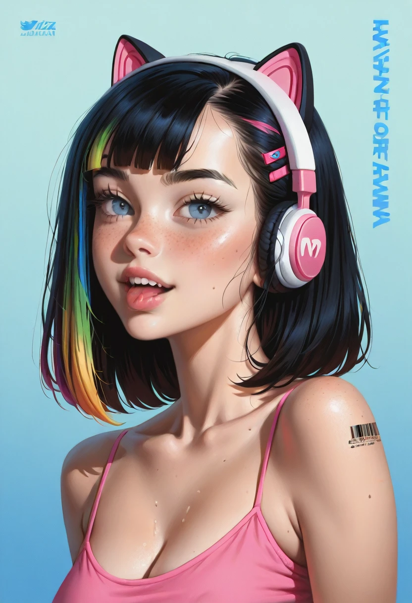 [[INITIA/MAIN]] gamer girl, cat headphones, rainbow, black hair and rainbow highlights, teenager, RECOVER FULL DATA to SEED IMPORTANT: (MANTAIN INFORMATION and FULL APPEARANCE of this GIRL, INCLUDES PHYSICAL, SIZE, AND OTHER MINIMAL DETAILS, IF POSSIBLE) MANTAIN HAIRPIN, BODY SIZ; MAIN CHARACTER interacts SEXUALLY with another EXTRA CHARACTER, CHOICE (( MAN or WOMAN/FEMALE)) [MAIN3]: SEX SCENES: LESBIAN, GRUPAL,FELATIO, CUNNILINGUS, DOUBLE ANAL, DOUBLE VAGINAL, USING STRAP-ON, CUMFACE, CREAMPIE, INTERNAL CUMSHOT, ANAL GAPE, VAGINAL GAPE [MAIN4]: hard nipples showing through clothing or exposed when clothing is open or naked, nipple or navel piercing [MAIN5]: Have a possible male character appear on the scene and approach the MAIN CHARACTER with attention and excitement, seduce her and have wild sex with her [MAIN6]: When reaching a strong orgasm, throw her head up, as if she were looking at the ceiling, tongue stretched out, squirting saliva in the air and making lines that seem to indicate that she is trembling with excitement!  [EXTRAS]: Creating a manga scene with distinct panels ((LIKE a CELLs into MANGA, GRAPHIC NOVEL)). BREAK Each panel must have a well-defined character and setting, without invading or merging with the other panels. Focus on keeping the areas of each panel separate and clear [EXTRAS]: If an extra male character appears, make him very MUSCULOUS and HAIRY, especially in the genital area and also extremely well endowed, with a monumentally large dick, very vein penis [EXTRAS]: RANDOM CHOICE TATTOO (((NONE, WOMB TATTOO, HENNA TATTOO, TRIBAL TATTOO, IDEOLOGIC TATTOO, LGBT or OTHERs, FLUORESCENT INK or DISCRETE INK))) Young girl with six-pack abs, well-toned, despite remaining very thin and slender, without exaggerating in bodybuilding [EXTRAS]: MAKE a MAGAZINE COVER, ENGLISH and JAPANESE TEXT, BRIGHT TITLE, ADs ABOUT (((CAMPING))), PRICE TAG (BARCODE or QRCODE)
