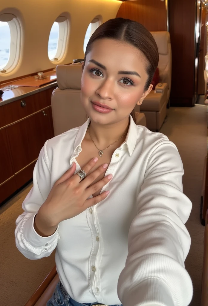 avneet on a private jet, sitting down , white shirt open, breasts visible, perfect round breasts, full body potrait, detailed portrait, highly detailed face, detailed eyes, realistic, photorealistic, 8k, cinematic lighting, bright color tones, glowing skin, intricate fabric details, elegant pose, dramatic shadows, golden jewelry, mystical atmosphere, looking at viewer, side profile, ass and breast visible, medium ass, medium breasts, perfect round breasts, hands on breasts, breast grab