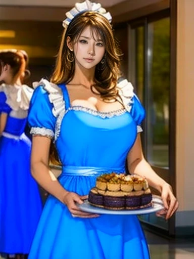 Animation of a woman in a blue dress holding a tray of cakes, (   waitress   )  girl, Favorite character , change in dress, change, Gyro Zeppeli, anime  girl in a maid costume,   Alice in Wonderland  , Maid uniform,  Long dress with apron , From desire,   Ikemura Rieko  , Anime Princess