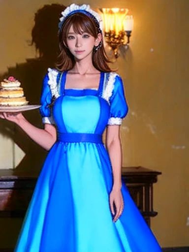 Animation of a woman in a blue dress holding a tray of cakes, (   waitress   )  girl, Favorite character , change in dress, change, Gyro Zeppeli, anime  girl in a maid costume,   Alice in Wonderland  , Maid uniform,  Long dress with apron , From desire,   Ikemura Rieko  , Anime Princess