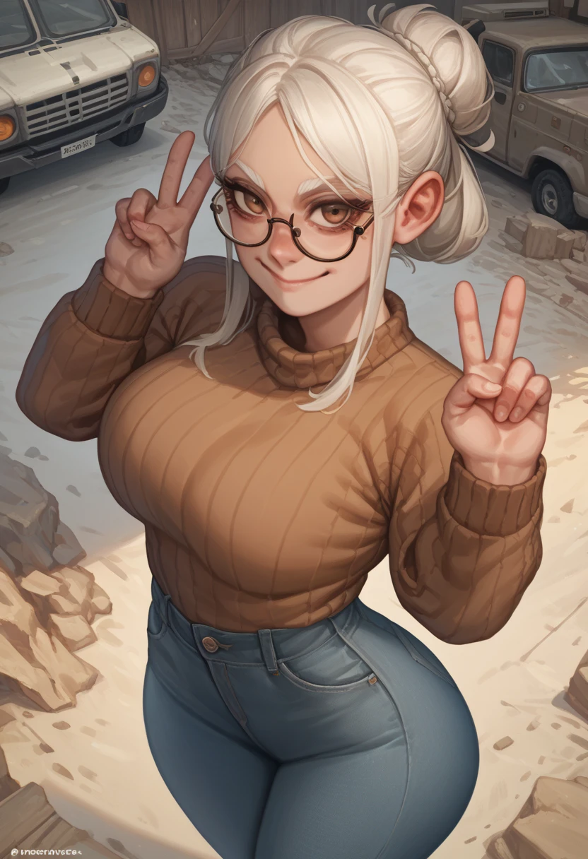 score_9, score_8_up, score_7_up, score_6_up, score_5_up, score_4_up, BREAK 1girl, ((petite body:1)), intricate, old woman, looking at viewer, long hair, gray hair, white hair, hair tied into a bun , light brown skin, brown eyes, almond glasses, brown sweater, jeans, detailed background, large ass (masterpiece, high quality:1), front shot, looking at viewer, large breasts, above average breasts, front pose, dump truck ass, thick thighs, short, irritated smile, peace sign