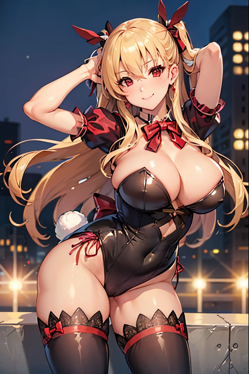 masterpiece, mischievous smile, light blush, looking at viewer, sexy pose, huge breasts, alisa reinford, detailed night club in the background, black thigh-high stockings, bunny suit, (red bow: 1.4)