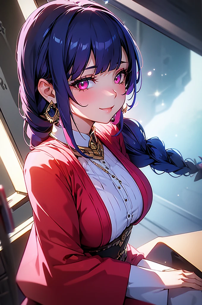 1girl, Long Hair, Breasts, Blue eyes, Black Hair, Twintails, Earrings, Backlighting, Accurate, Best Quality, High Resolution, High Details, High Quality, Textured Skin, UHD, Dark Blue Hair, Red Hair, Braid, Crescent Earrings, Light Blush, Seductive Smile, Multicolored Eyes, Makeup, Pink Eyes, Blue eyes, From Side, Jewelry, Drop Shadow, Ray Tracing, God Rays, 