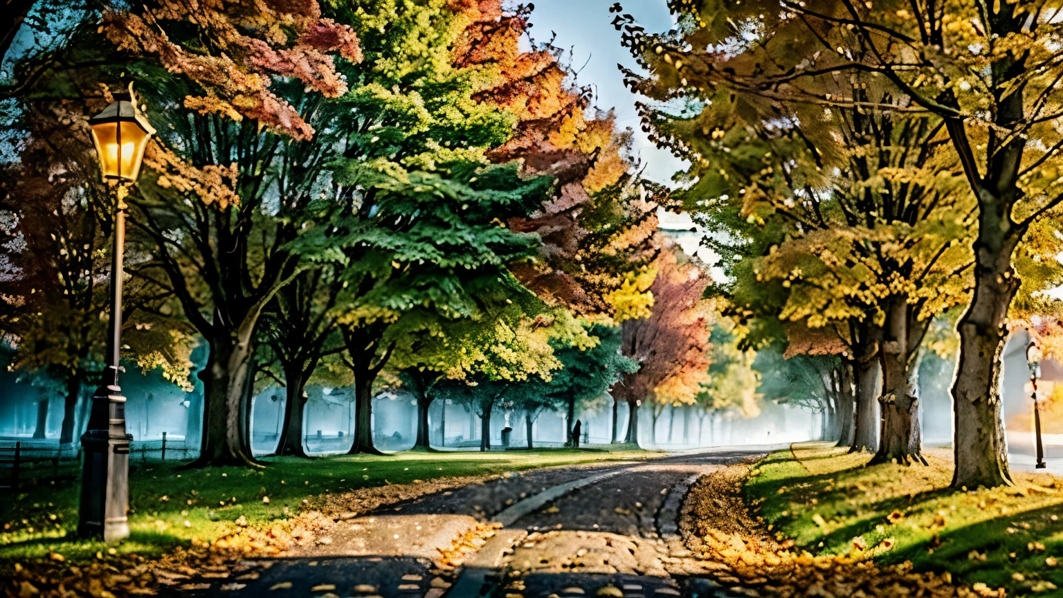 a quaint European village in autumn, people walking on the cobblestone streets, dense fog, warm sunset light, falling golden leaves, street lamps illuminating the dusk, rolling green hills in the background,(best quality,4k,8k,highres,masterpiece:1.2),ultra-detailed,(realistic,photorealistic,photo-realistic:1.37),landscape,muted colors,soft lighting,atmospheric,moody,cinematic