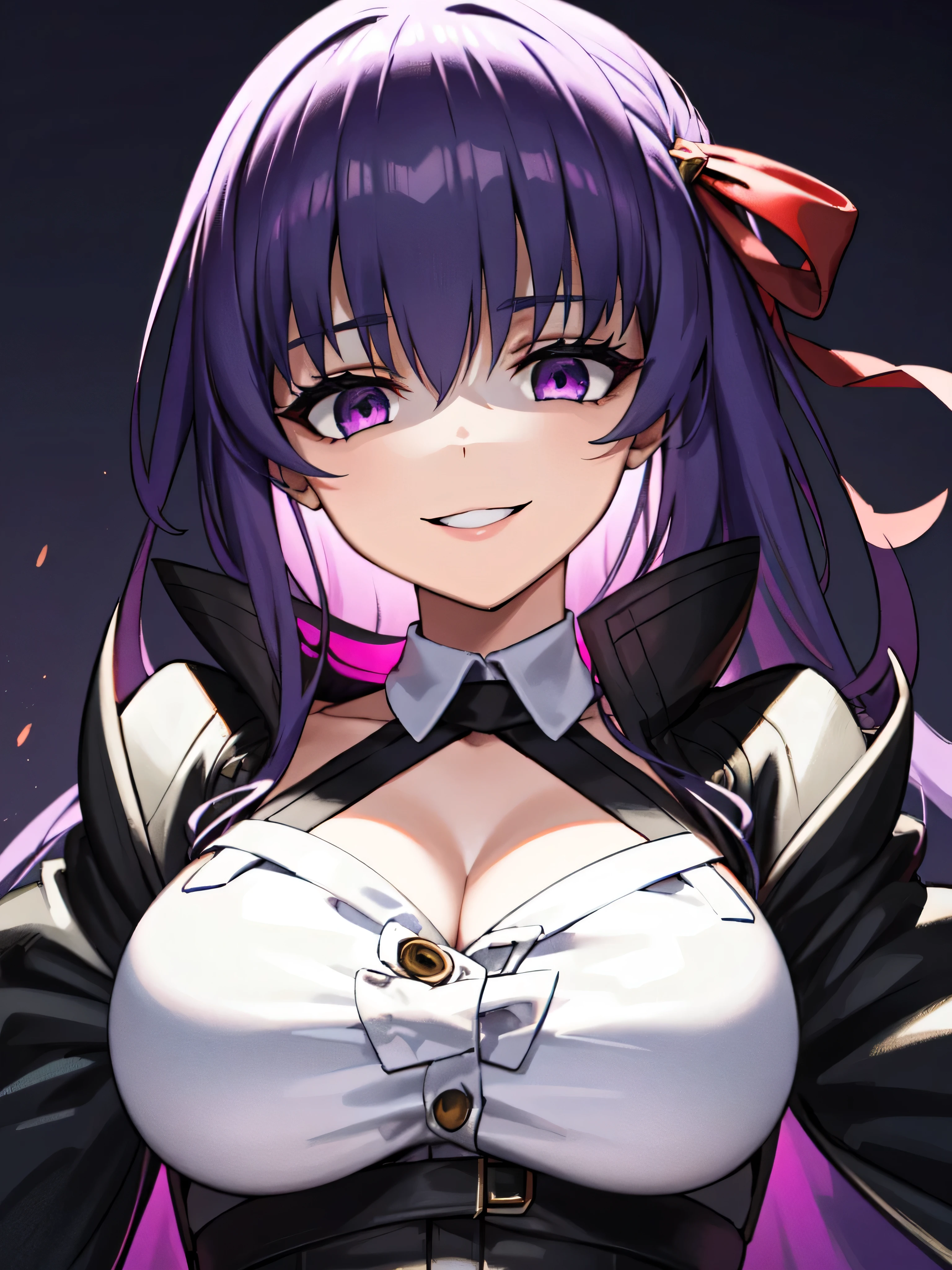  Isoscale, Mid Shot,  night, ,,, Purple Hair, Black jacket, , Red ribbon, Big Breasts, Purple eyes, White gloves, Long Hair, Large collar, evil Smile,,,(evil Smile:1.3),Highly detailed CG Unity 8K wallpapers, Perfect lighting,,Looking down at the viewer,,Anxious smile,Black and purple world background,deep shaded face(eyes in shadow),solo,Yandere,,look down,looking down at viewer, ,,from below,close up,Dark Side、