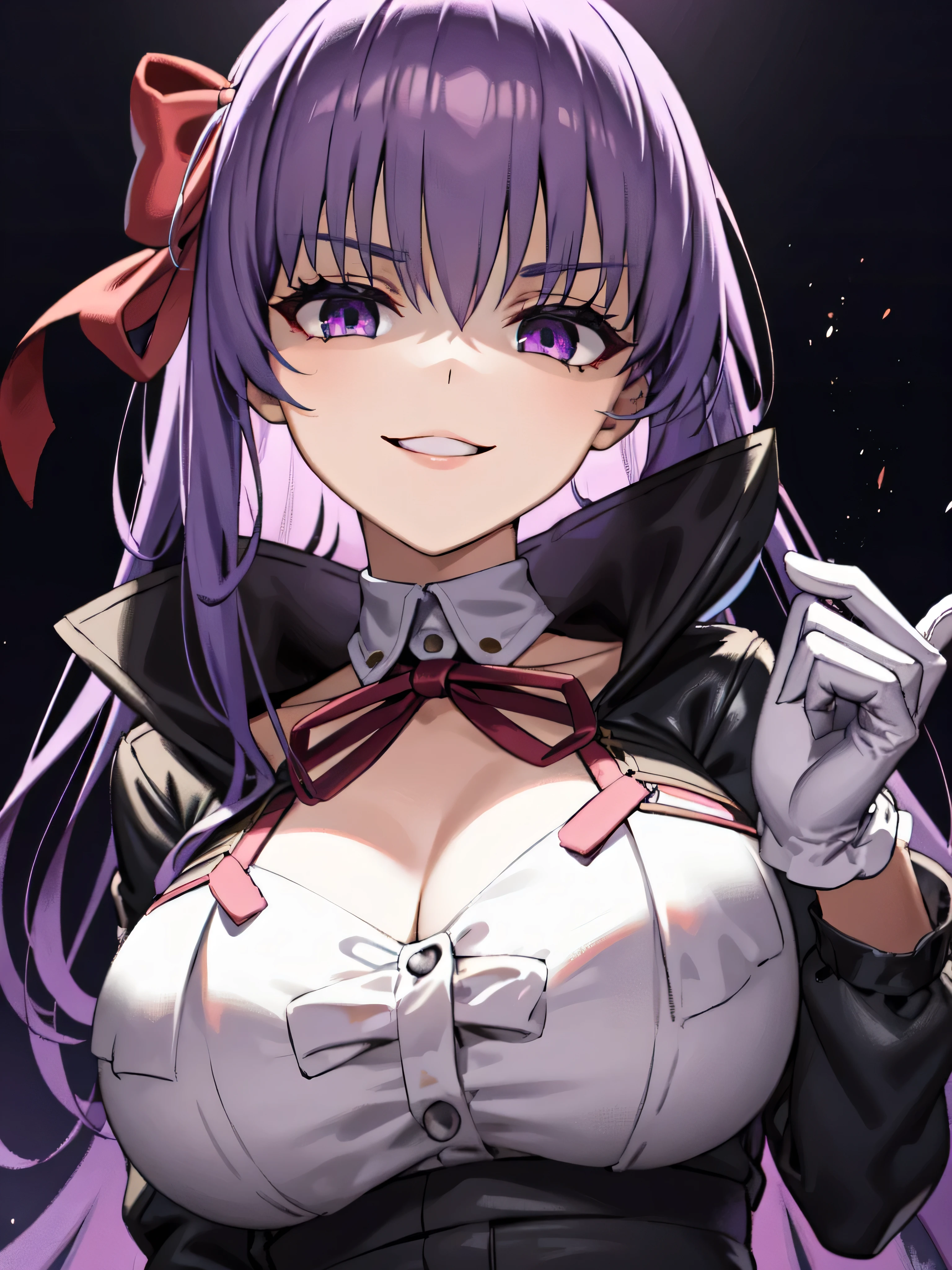  Isoscale, Mid Shot,  night, ,,, Purple Hair, Black jacket, , Red ribbon, Big Breasts, Purple eyes, White gloves, Long Hair, Large collar, evil Smile,,,(evil Smile:1.3),Highly detailed CG Unity 8K wallpapers, Perfect lighting,,Looking down at the viewer,,Anxious smile,Black and purple world background,deep shaded face(eyes in shadow),solo,Yandere,,look down,looking down at viewer, ,,from below,close up,Dark Side、