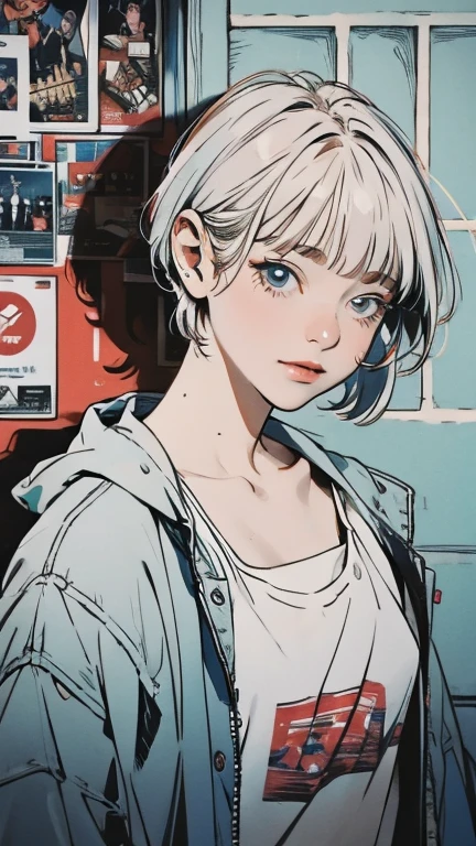 masterpiece, Highest quality, Very detailed, 8k, Realistic, super close up of chest, focus on chest, One Girl, alone, Very detailed face, (head shot:1.5), Standing in front of a wall covered in hip hop graffiti, Cyberpunk neon cityscape,Pixie cut white hair, She is wearing a short neon tank top and an open hoodie, Nice ass, (flat chest:1.2), nsfw