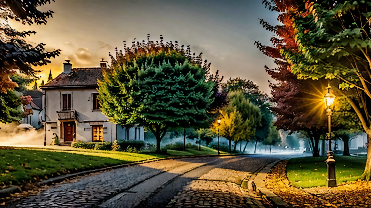 a quaint European village in autumn, people walking on the cobblestone streets, dense fog, warm sunset light, falling golden leaves, street lamps illuminating the dusk, rolling green hills in the background,(best quality,4k,8k,highres,masterpiece:1.2),ultra-detailed,(realistic,photorealistic,photo-realistic:1.37),landscape,muted colors,soft lighting,atmospheric,moody,cinematic