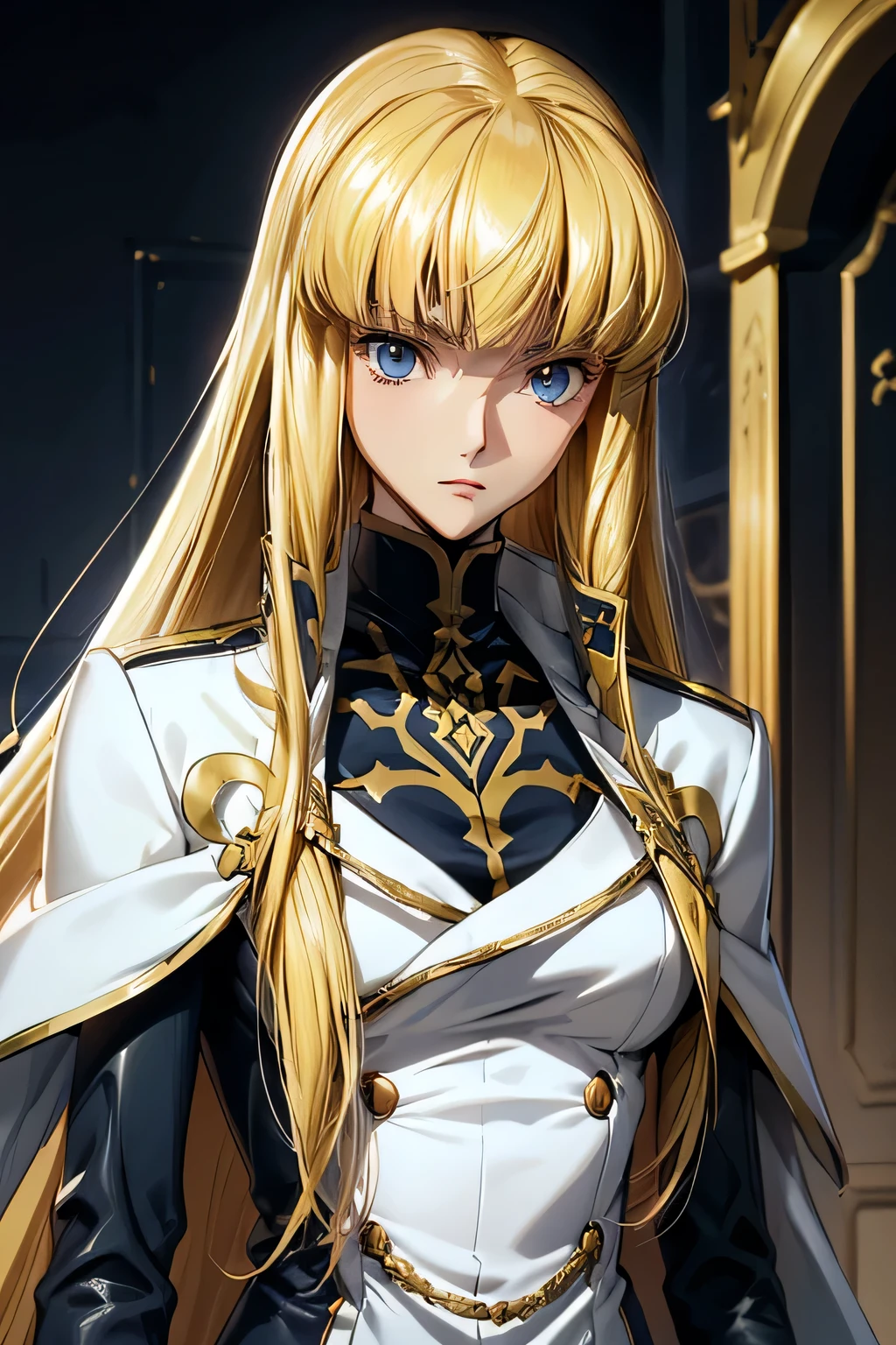  perfect anatomy　 best quality, highest resolution,(((shiny white military uniform　Blonde　Dark blue eyes)))　 Code Geass 　Monica　 long hair　 straight　expressionless　flat chest　woman　cool