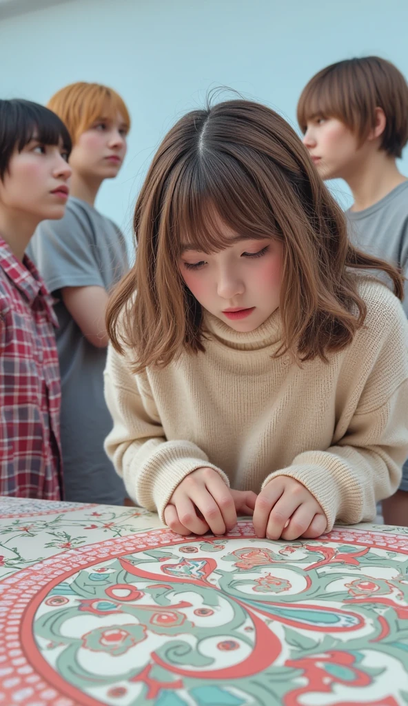  best quality,    absurd,    several people having fun with each other while having very detailed ,   pattern _this,    1 girl, Alone_ concentrated , (((Please stare at the top   :1.2)))、   and lower your hair、High neck knit、 Beige knit