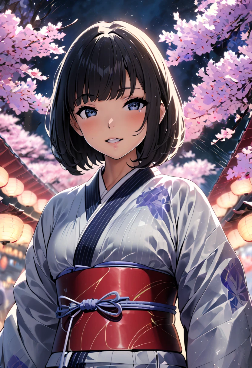 japan anime style,best quality, masterpiece, High Definition , 1 girl, Beautiful and perfect face, bob cut from the front, japanese kimono,kimono, Cinematic atmosphere, 8k, several people having fun with each other while having very detailed