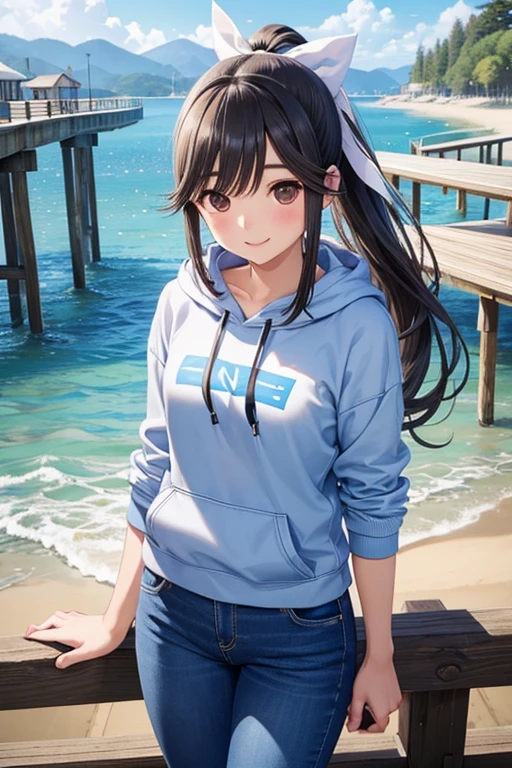 Takane Manaka、 Shiny brown long hair、 ribbon ponytail,、 beautiful brown eyed  、smile、Sparkling Eyes, (fine grain)、 very detailed eyes 、 extremely detailed face,  very detailed eyes , masterpiece,  best quality,  high definition , ( best quality,masterpiece:1.2),Alone,Alone、 cowboy shots、



 ocean, handrail, wearing jeans, jeans, denim pants, smile, (Wave:0.9),  standing under a bridge ,   beach background ,  sky background , Wooden bridge,  Wearing a hoodie , Parker girl ,