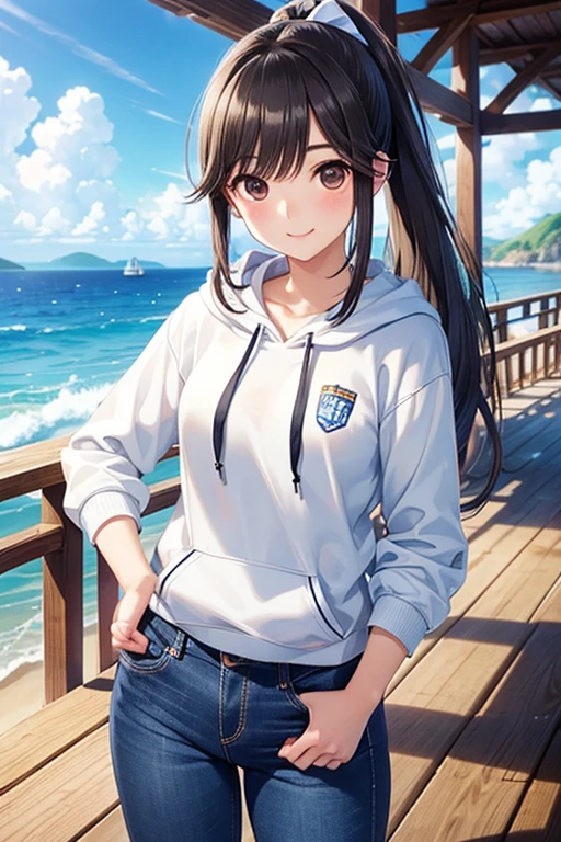 Takane Manaka、 Shiny brown long hair、 ribbon ponytail,、 beautiful brown eyed middle school students 、smile、Sparkling Eyes, (fine grain)、 very detailed eyes 、 extremely detailed face,  very detailed eyes , masterpiece,  best quality,  high definition , ( best quality,masterpiece:1.2),Alone,Alone、 cowboy shots、



 ocean, handrail, wearing jeans, jeans, denim pants, smile, (Wave:0.9),  standing under a bridge ,   beach background ,  sky background , Wooden bridge,  Wearing a hoodie , Parker girl ,