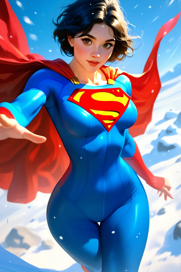 score_6_up, score_5_up, score_9, score_8_up, score_7_up, snow, solo, concept art, female, black hair, parted bangs, brown eyes, wearing superman hero costume, skin tight, bodysuit, superhero, blue bodysuit, red bodysuit, superman emblem on chest, large breasts, thick thighs, flying, looking at viewer. space background, dramatic lighting. from below.