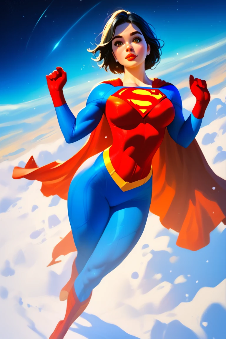 score_6_up, score_5_up, score_9, score_8_up, score_7_up, snow, solo, concept art, female, black hair, parted bangs, brown eyes, wearing superman hero costume, skin tight, bodysuit, superhero, blue bodysuit, red bodysuit, superman emblem on chest, large breasts, thick thighs, flying, looking at viewer. space background, dramatic lighting. from below.